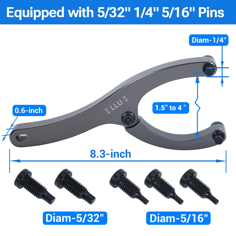 LLU 8.3-inches Heavy Spanner Wrench with Handle, Adjustable Gland Nut Wrench for Removing Hydraulic Cylinder Glands Under 5 Inches, Includes 5/32", 1/4", 5/16" Pins, Gloves, and Towel