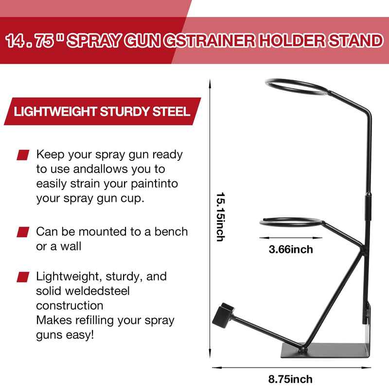 YUZES Gravity Feed Paint Spray Gun Holder Stand with 100PCS Nylon Mesh Paint Strainers and Removable Strainer Holder, for Wall-Mounted or Bench Mount