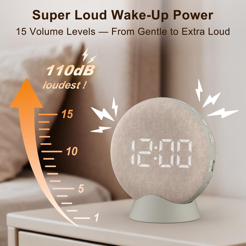 SolaceRise Super Loud Alarm Clock for Heavy Sleepers: Vibrating Digital Auto-Dim Clock with Bed Shaker for Hearing Impaired - Portable Rechargeable Battery for Bedroom Travel Dorm - Putty