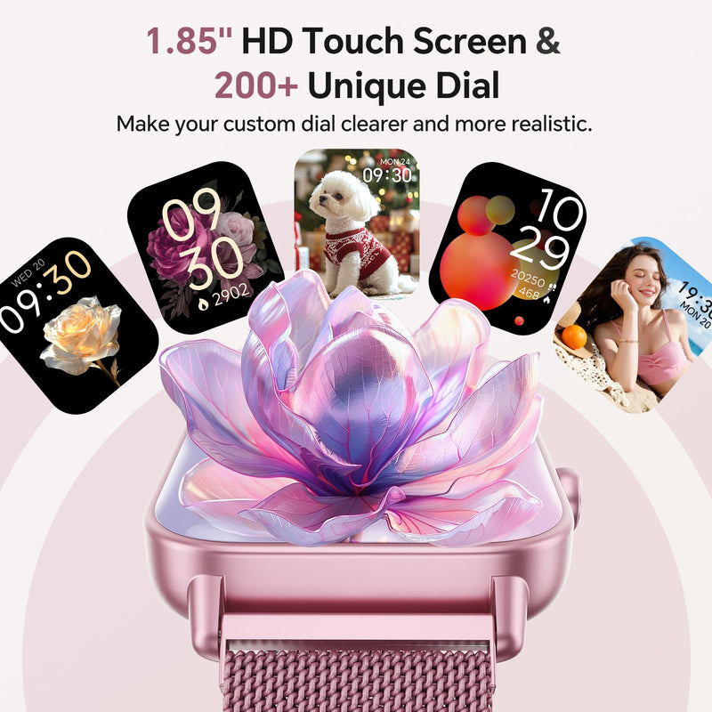 Smart Watches for Women (Calls/SMS/Reminders), 1.85" HD Alexa Smart Watch for Android Phones & iphone Compatible, 120+ Sport Modes Fitness Watch, Heart Rate/SpO2/Sleep Tracker, 3ATM Fitness Trackers Rose Pink-Mulberry Stainless Steel & Silicone