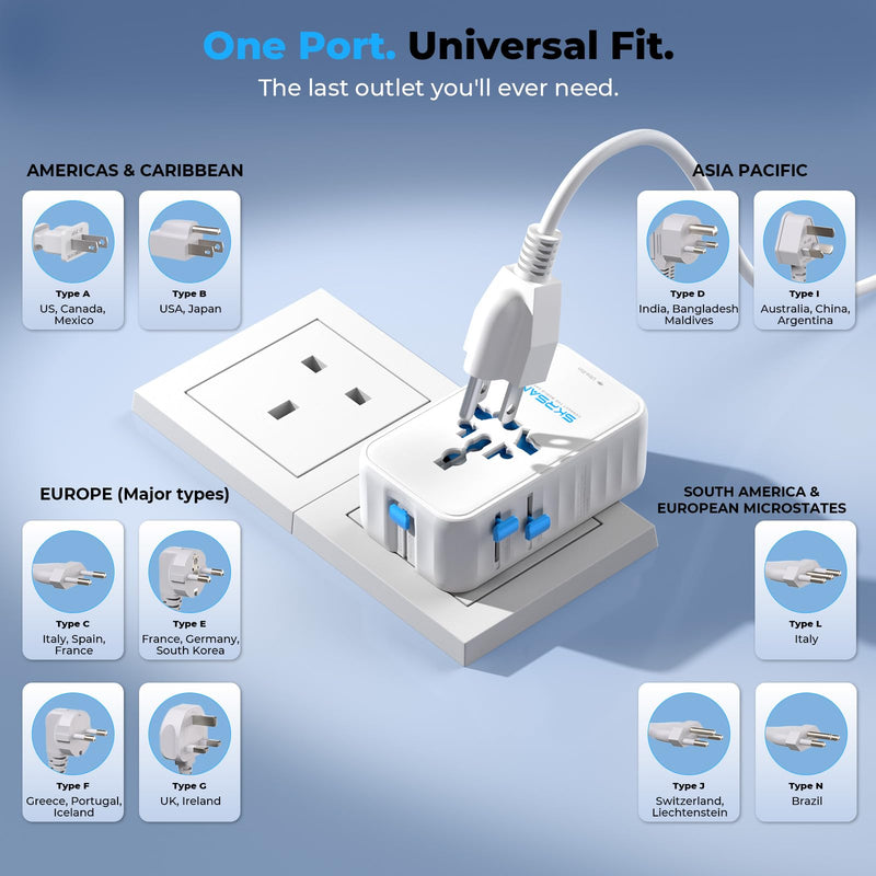 Aura 70W International Travel Adapter, 36mm Ultra-Slim 6-in-1 Universal Wall Charger, PD & QC 3.0 Fast Charging Essentials for Laptop, Phone, UK Europe USA Australia (Arctic White) Arctic White