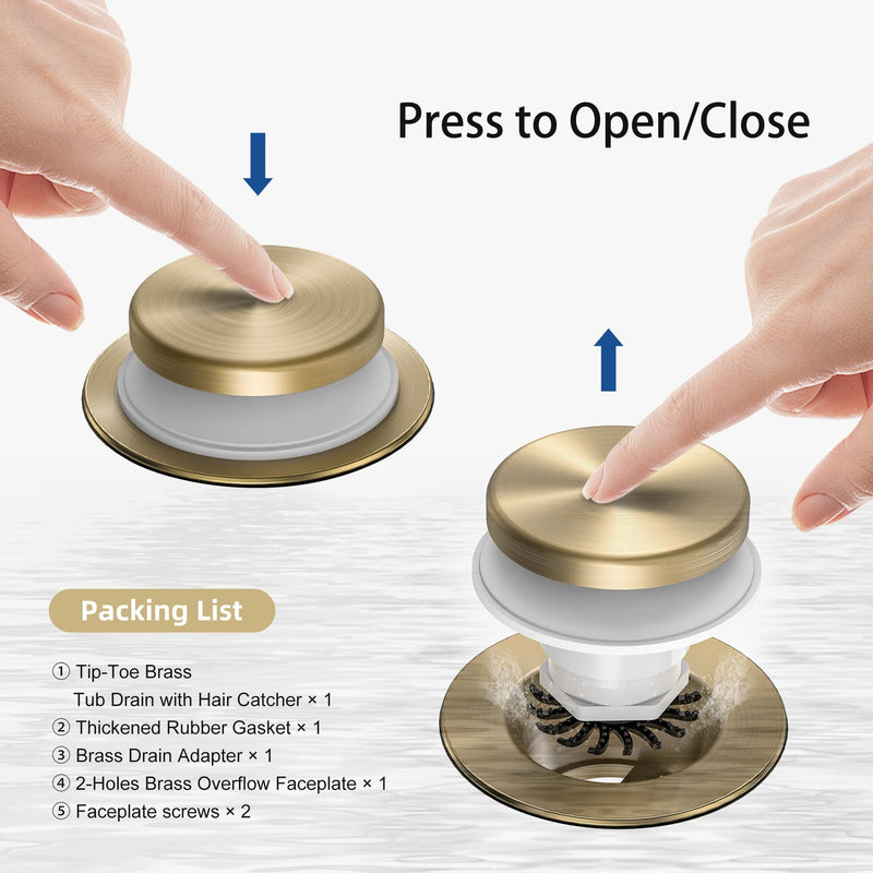 Brushed Gold Tub Drain Kit with Hair Catcher, Premium Brass Tip-Toe Bathroom Tub Drain Replacement and 2-Hole Overflow Faceplate, 11.5/16 UNC Bathtub Drain Stopper Assembly Brushed Gold