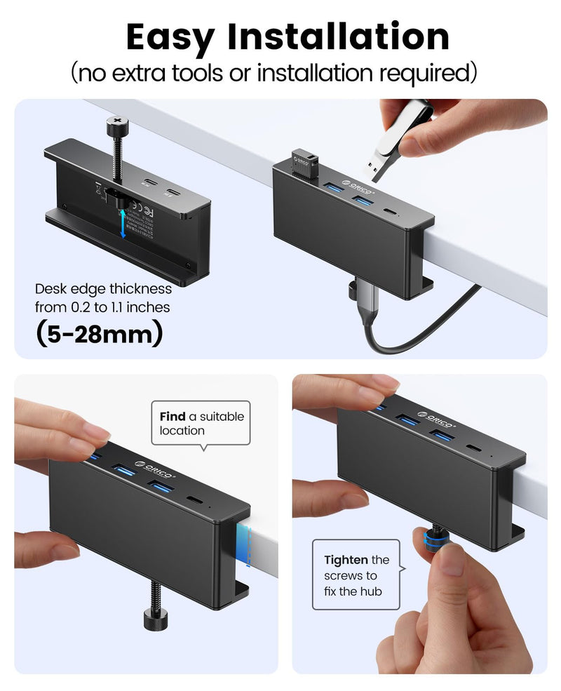 ORICO USB Hub 3.0, Clamp USB Hub with Extra Power Supply Port, Aluminum 4-Port USB Adapter with 3 USB-A Data Ports, USB-C Port for Monitors, Desks (Black) Black