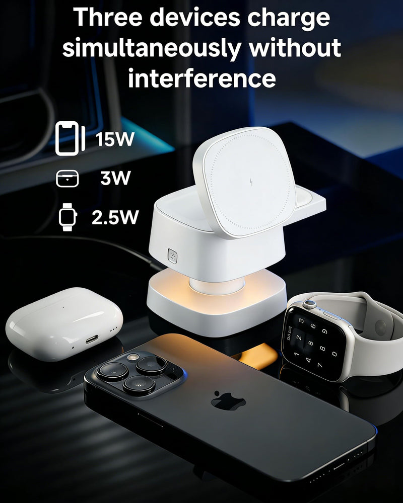 4-in-1 Wireless Charging Station, 15W Fast Charging Adjustable Night Light | multi device charging station, Compatible with iPhone 15/14/13/12 Series, Apple Watch, AirPods – White
