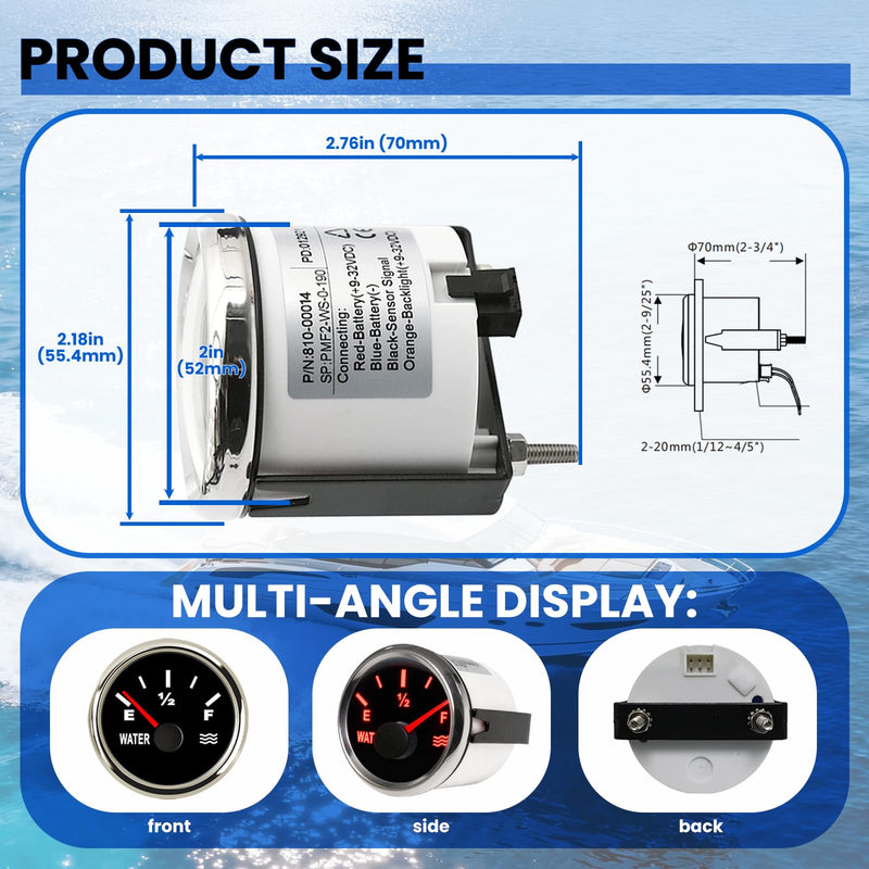 Water Level Gauge，52mm Liquid Level Meter, 240-33ohm/0-190ohm ，9-32V Universal Water Tank Gauge for Boats,RVs,Yachts,Motorcycles,Trucks,Cars,Vehicle,Marine Holding Tanks (0-190ohm) 0-190ohm
