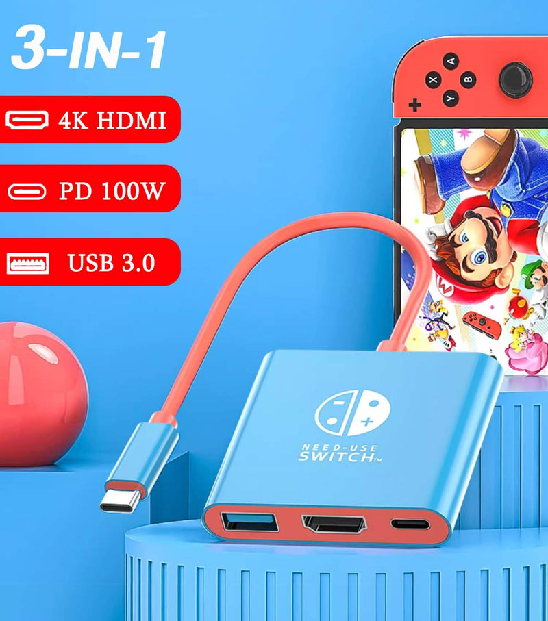 Switch Dock, TV Docking Station for Nintendo Switch/Switch OLED/Steam Deck, 4K@30HZ/1080P@60HZ Portable Switch TV Dock with PD 100W Charging, USB 3.0 Port（3-in-1 Adapter