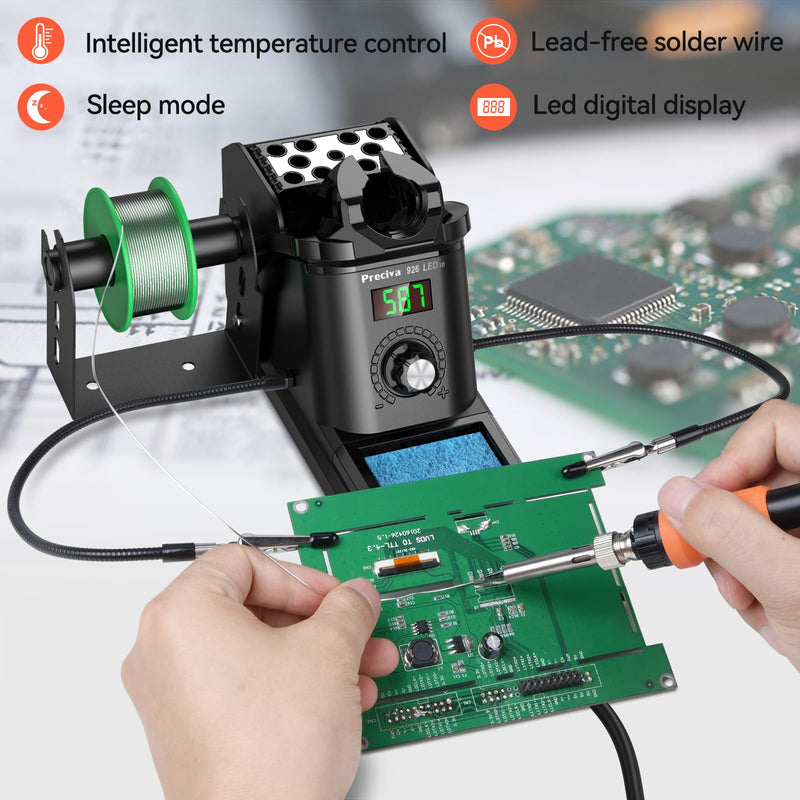 Preciva 926 III 130W MAX Digital Soldering Station with Auto Sleep & Calibration | Complete Kit Includes 5 Tips, Helping Hands, Solder Wire, Solder Wick | °C/ºF Display