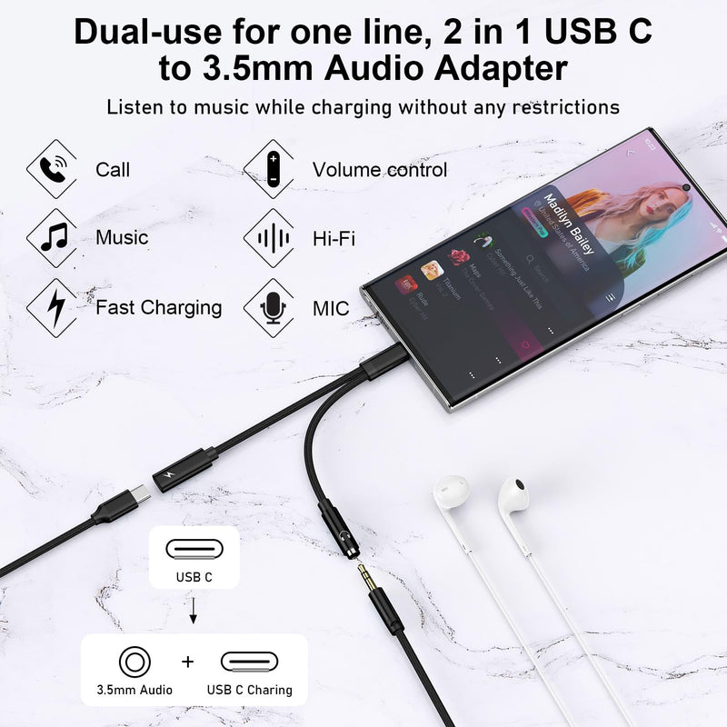 USB C to 3.5mm Headphone Charger Adapter USBC Splitter 2 in 1 Dongle Cable | Fast Charging Aux Audio Jack Adapter for Samsung Galaxy S26 Ultra A37 A17 A36 A27 A57 S25FE A16 A54 S24,iPhone 17 16,Pixel 10
