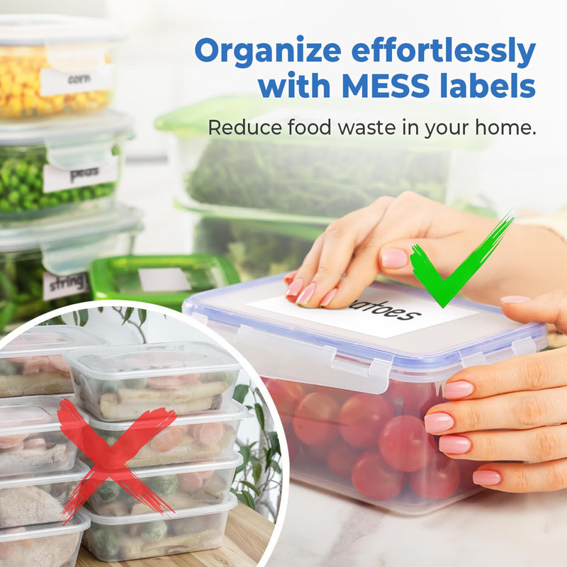MESS Removable Food Labels for Containers (48-Pack) 3x4" Erasable Kitchen Labels for Organizing, Freezer & Fridge, White Dry Erase Labels for Jars 3x4"