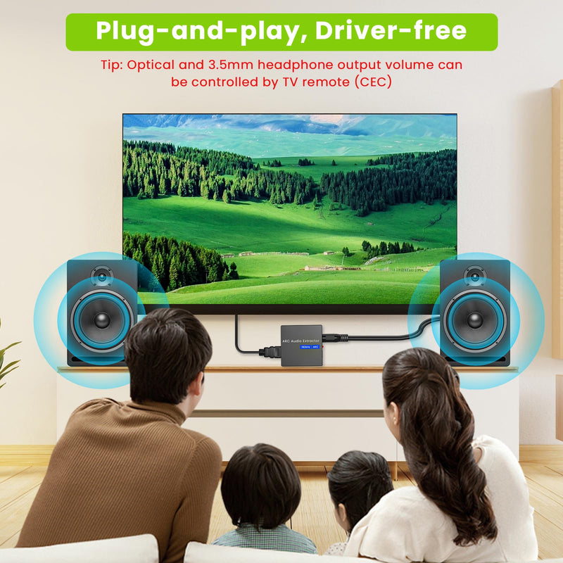 192KHz ARC Audio Extractor, HDMI ARC to Toslink/Optical+3.5mm AUX Output, HDMI to Optical Audio Adapter with Optical Cable, ARC to RCA Audio Converter for TV Amplifier Speaker/Soundbar/Headset
