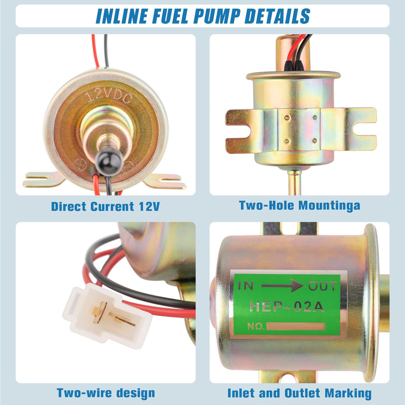Universal Electric Fuel Pump 12V, Inline Low Pressure Fuel Pump 3-6 PSI for Carburetor Lawn Mowers Small Engine Motorcycles ATVs and More
