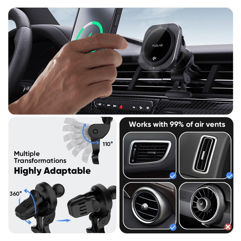FLOLAB Qi2 15W Wireless Car Charger for iPhone 16/15/14/13/12 Qi2 Car Charger, Magnetic Vent Mount/Dashboard Mount Car Phone Holder, Fast Charging with Cooling Qi2 15W Fast Charging Kit 1