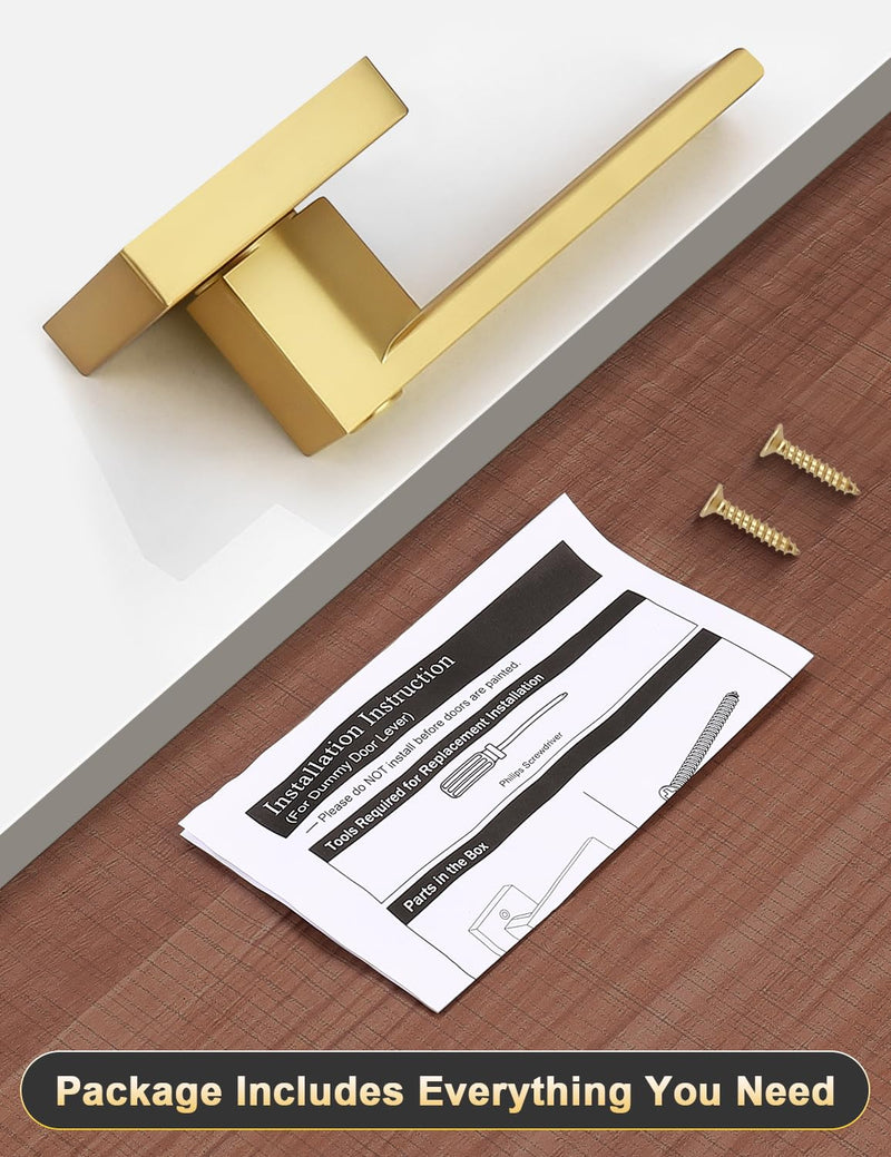Tinewa 2 Pack Gold Dummy Lever Door Handles for Closets French Doors, Satin Brass Finish, Interior Dummy Door Locksets for Hall Closet Door Knobs Lock Reversible Right & Left Handed Gold-Half Dummy