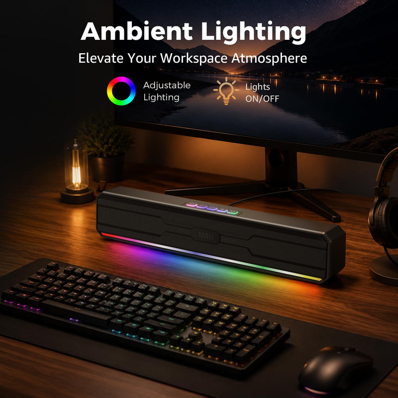 1Mii DeskRoar GT10 Computer Speakers for Desktop PC, Bluetooth 6.0 & USB | Clear Stereo Sound, 7 RGB Modes, Easy Button Controls, USB-C/USB-A for PCs & Laptops, Ideal for Work, Music