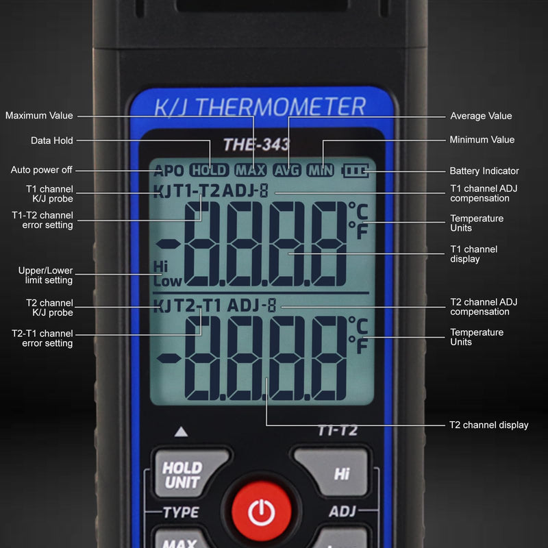 Thermocouple Thermometer Digital K/J Type with 4 K Type Thermocouple, HVAC Thermometer with Alarm & Adj Compensation, Temperature Meter -328°F ~ 2501°F Measuring Range