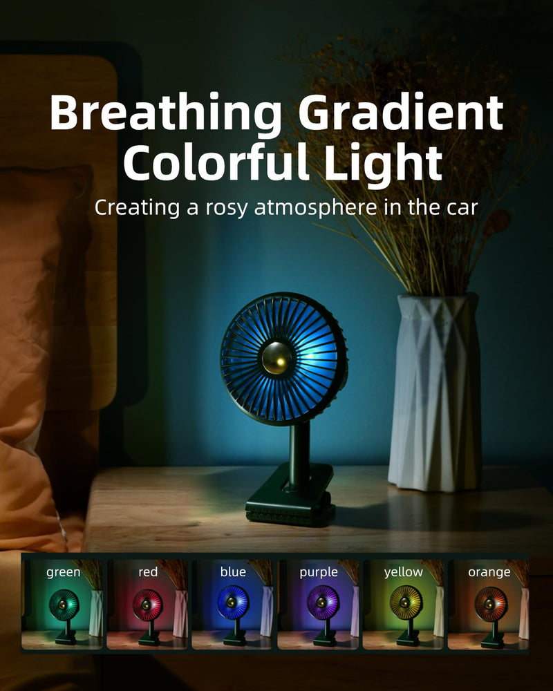 Usb Car Fan Oscillating Rechargeable Fan with Colorful Light Battery Powered, 360° Rotatable Portable Clip Fans That Blow Cold Air, Small Cooler Mini Fan Silent, for Vehicle Van Truck Suv Rv Green