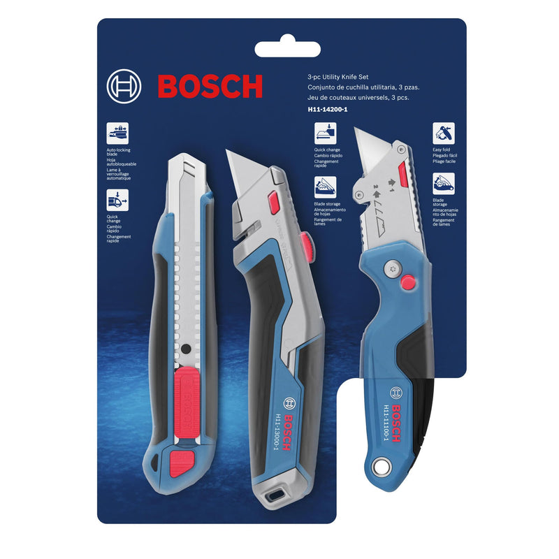 BOSCH H11-14200-1 3-Piece Utility Knife Set | Folding, Snap-Off, and Retractable Knives with Robust Design, Integrated Blade Storage - Includes 7 Blades Folding + Snap-Off + Utility 3 Count