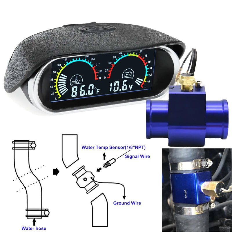 Digital 2-in-1 Water Temperature & Voltage Gauge with 1/8 NPT Sensor and 34mm Adapter 1.34"(34mm)