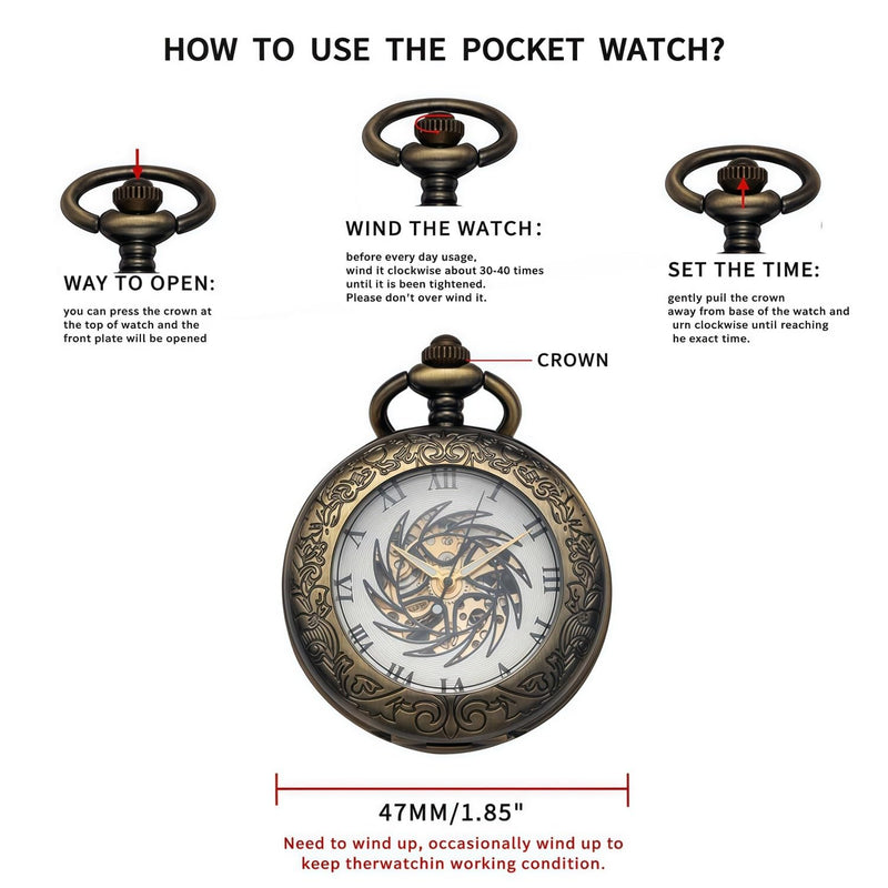 Mechanical Pocket Watch, for Men Women Special Magnifier Half Hunter Engraved Case Roman Numerals with Chain Ba. Sun-God-Bird, Bronze Black