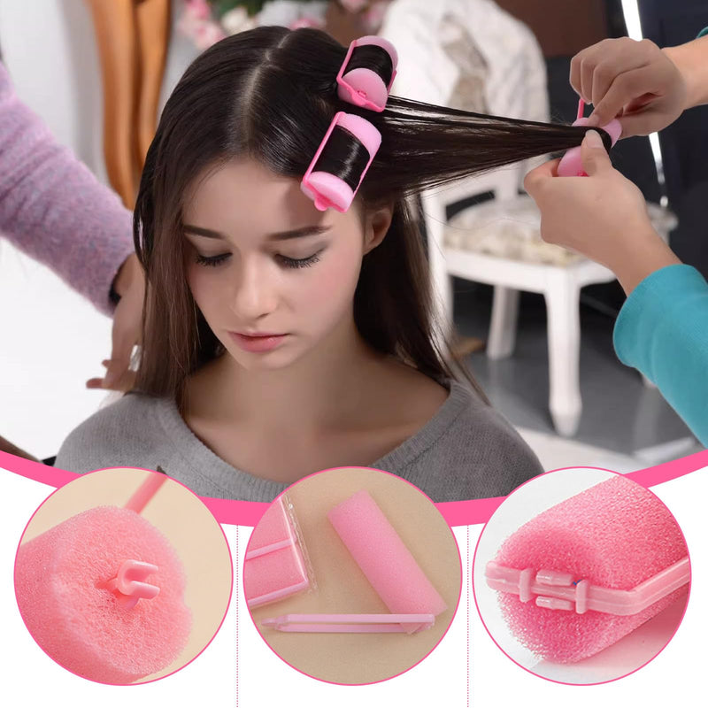 Foam Sponge Hair Rollers - 12 Piece Soft Flexible Curlers for Overnight Sleeping & Styling, Home Salon Use (Pink)