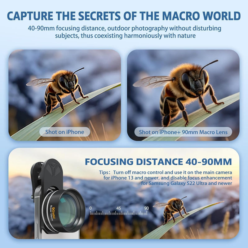 90mm Macro Lens for Smartphone, 10X Phone Lens for iPhone & Android | Clip-on Macro Lens Kit, F1.05 Aperture, 90mm Working Distance, 6-Element Glass, AR+AF Coating, Aluminum Housing Blue