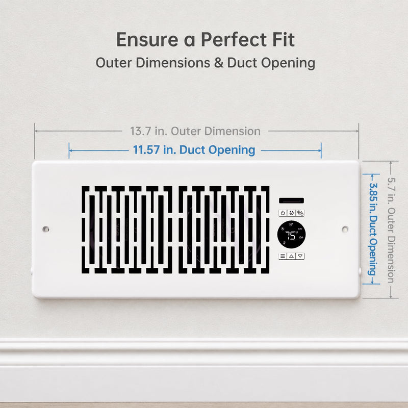 Smart Register Booster Fan for 4” x 12” Vents, Thermostat Control Improves Heating/Cooling, 10-Speed Quiet Vent Fan Booster with Remote Control for Floor or Wall Ducts 4" x 12" Haze White