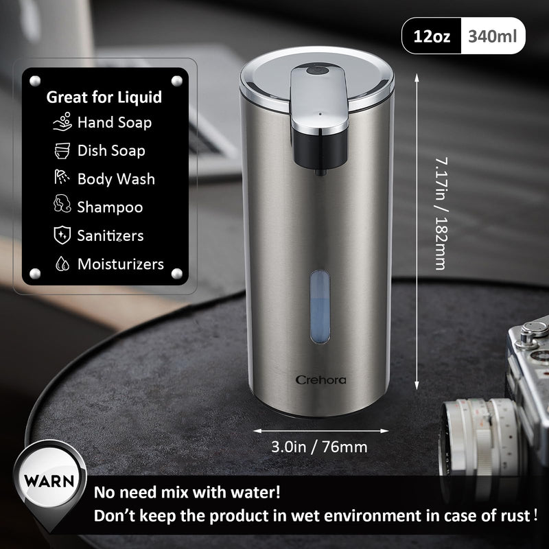 Automatic Soap Dispenser, Automatic Liquid Soap Dispenser Touchless, 12oz/340ml, 3-Level Adjustable, Battery Operated, Water-Resistant for Bathroom, Kitchen, and School, Clog-Free, Stainless Steel Chromed & Stainless Steel