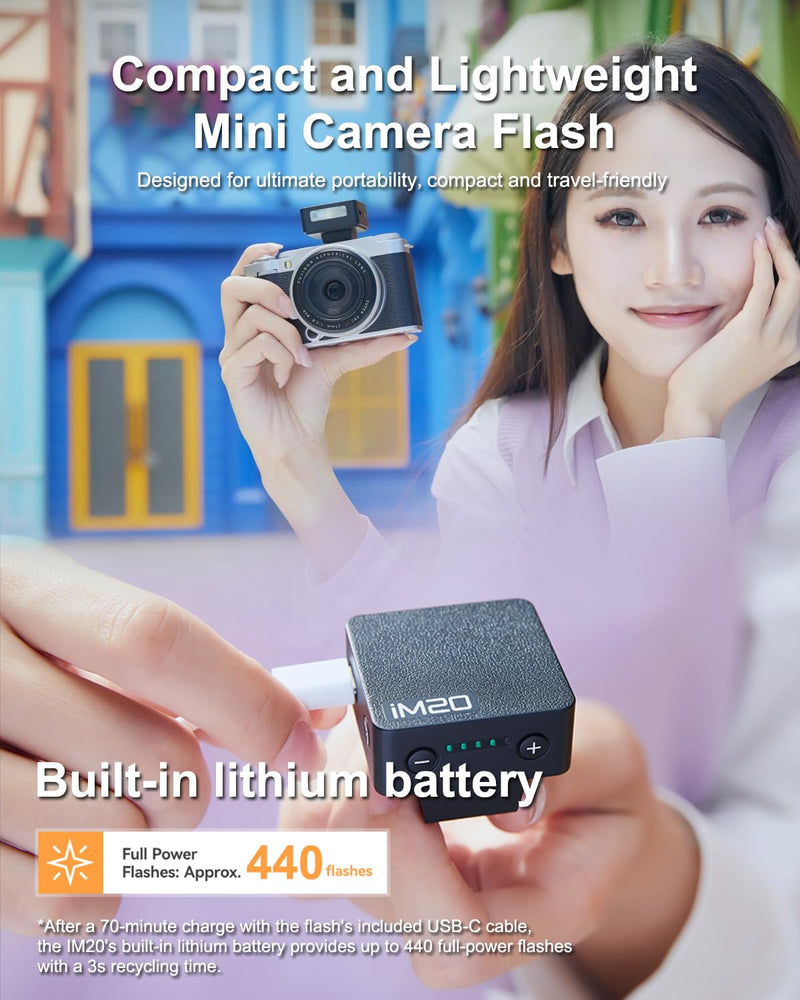 Godox IM20 Mini Flash with Diffuser for Canon, Nikon, Sony, Fuji, Olympus Single-Contact Hotshoe Cameras – Built-in USB-C Charging Battery, 230 Flashes, 5-Level Power Adjustment, Black iM20 Black