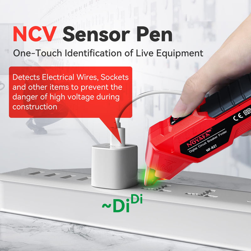NF-827S Circuit Breaker Locator, GFCI Outlet Tester, Circuit Breaker Finder Tool, 90-120V AC Digital Circuit Finder with NCV Testing and Flashlight, Includes Carrying Case and Adapters