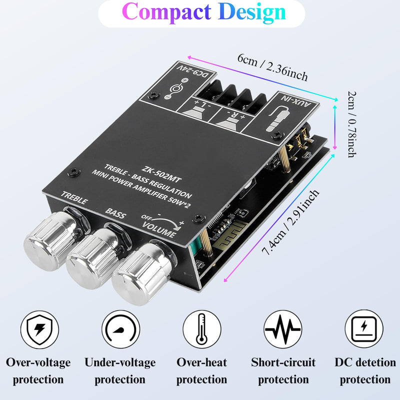 ZK-502MT Bluetooth Amplifier Board, 50W+50W with Treble and Bass Control | DC 9-24V, Bluetooth and AUX Inputs, Audio Amp Board for Home Audio DIY Wireless Speakers ZK-502MT