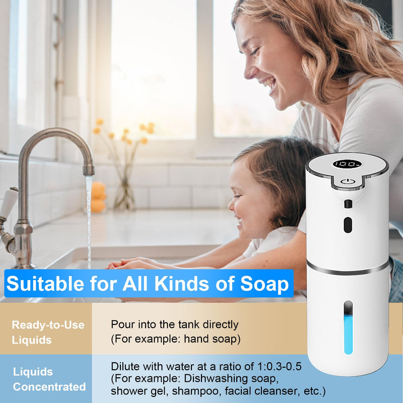 Automatic Liquid Soap Dispenser Touchless, USB Rechargeable Smart Hand Soap Dispenser, 6-Level Adjustable, 12.8oz/380mL Wall Mounted for Bathroom Kitchen Accessories Dish Soap-White White