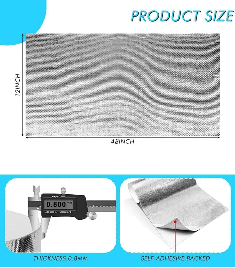 12'' X 48’'Aluminized Heat Shield Mat Thermal Barrier Adhesive Backed Heat Blanket, Fiberglass Insulation Reflective Material High Temp Protection 12'' X 48’'