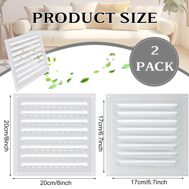 2 Pcs 8" X 8" Attic Vent Metal Shed Vents Gable Vents Louver Vent Grille with Screen Mesh for Home Garage Attic Ceiling, Boost Ventilation and Guard Against Moisture (White) White