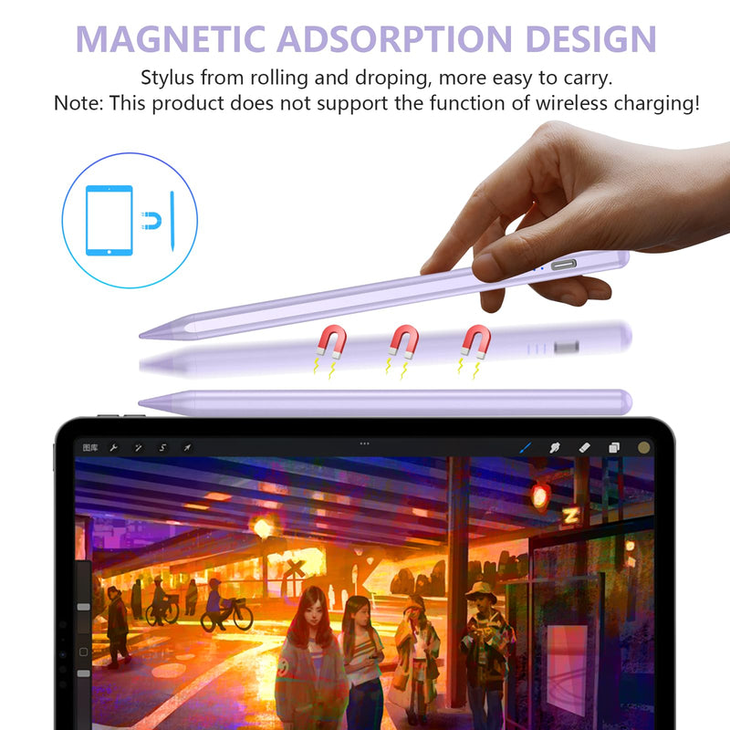 Apple Pencil for iPad 10th Generation, Stylus Pen for iPad (9/8/7/6) th Gen, iPad Pro Pencil Rechargeable, Palm Rejection - High Sensitivity with 5 replaceable Pen tips, for All iPads in 2018-2024 Purple