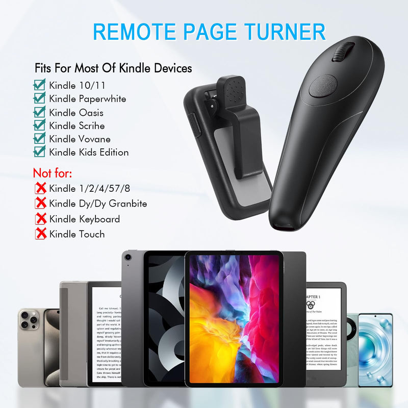 Kindle Page Turner Remote Control, Anti-Slip Finger Clicker for Reading in Bed, Case-Friendly 0.45inch Clip for Paperwhite Oasis Scribe iPad Kobo eReaders, 2-in-1 Camera Shutter Selfie Remote