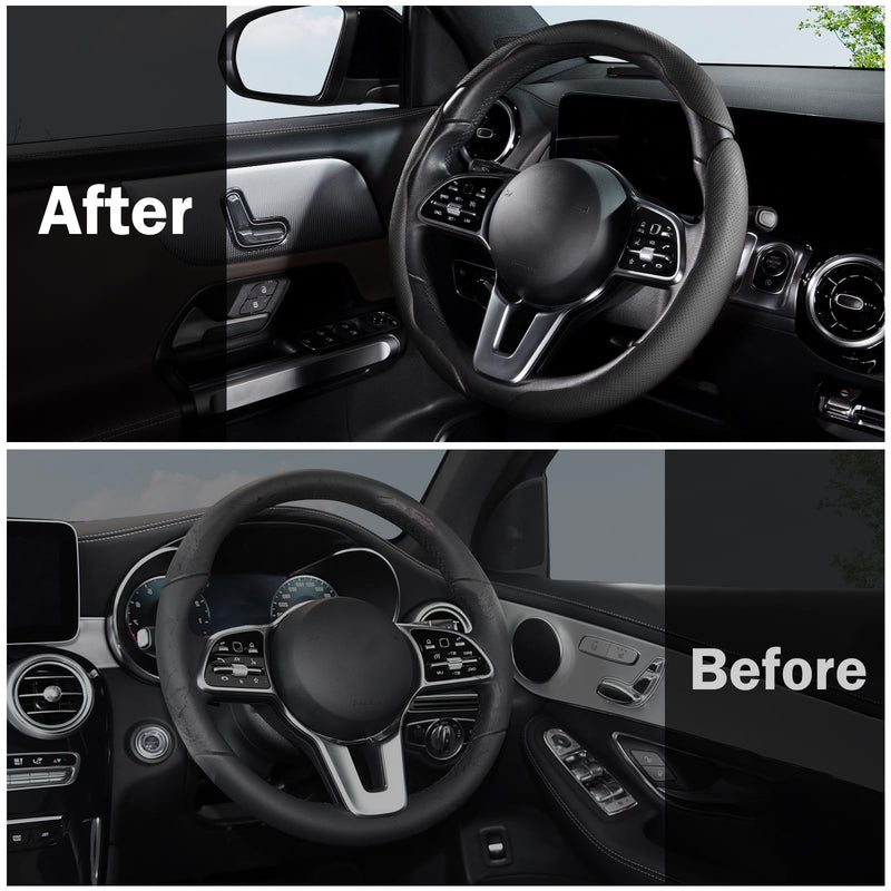 Car Steering Wheel Cover Leather Snap On 3Pcs Set Non-Slip Protector Wrap Steering Wheel Accessories 14.5-15 inch Universal Black Black A