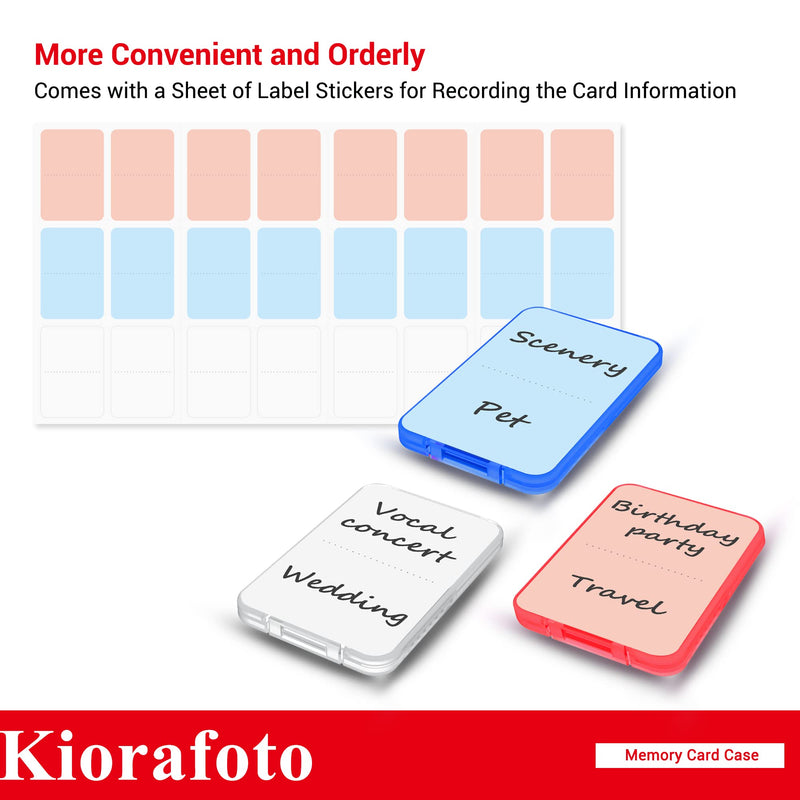 Kiorafoto Memory Card Case with 24 Pack Clear Plastic Memory Card Holders for 24 SD SDXC SDHC & 24 TF Cards,Water-Resistant Anti-Shock SD MicroSD Card Carrying Organizer Storage Protector with Labels for 24 SD + 24 Micro SD（With Box）