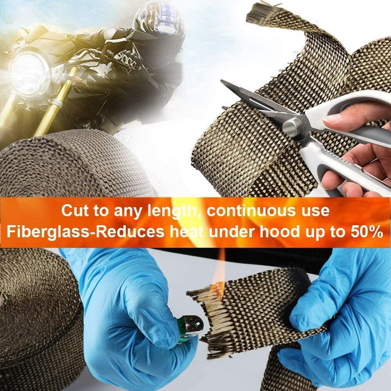 Titanium Exhaust Wrap 1" x 16' Roll for Motorcycle Fiberglass Heat Shield Tape with Stainless Ties 1" x 16' TITANIUM