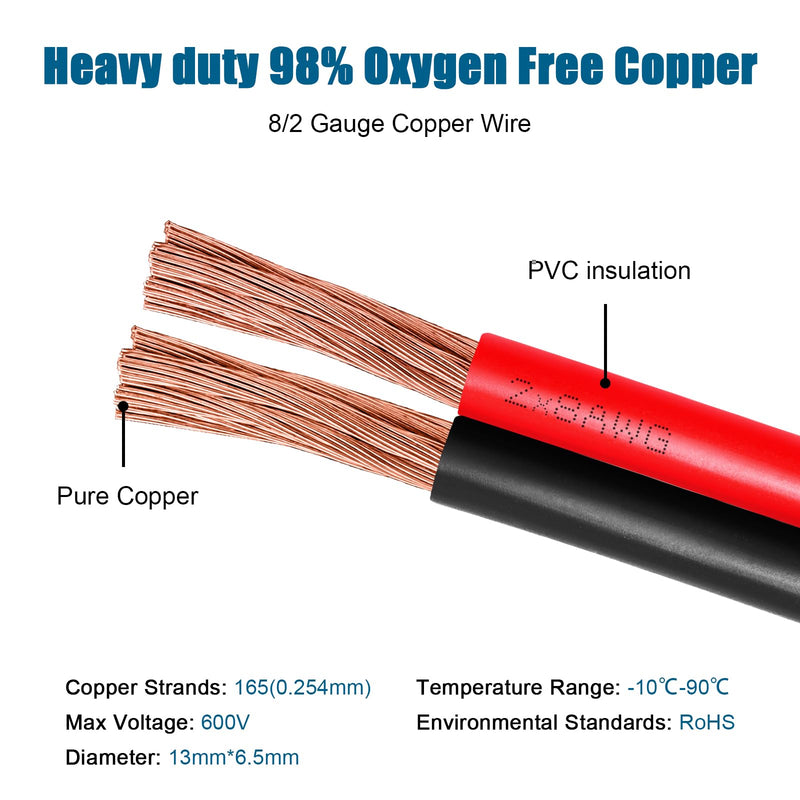 8 Gauge Wire 2 Conductors Copper Wire, 8 AWG Battery Cable Oxygen Free Copper Wire for Solar Panel, Automotive, Trailer, RV and Speaker (8 Gauge 10FT)