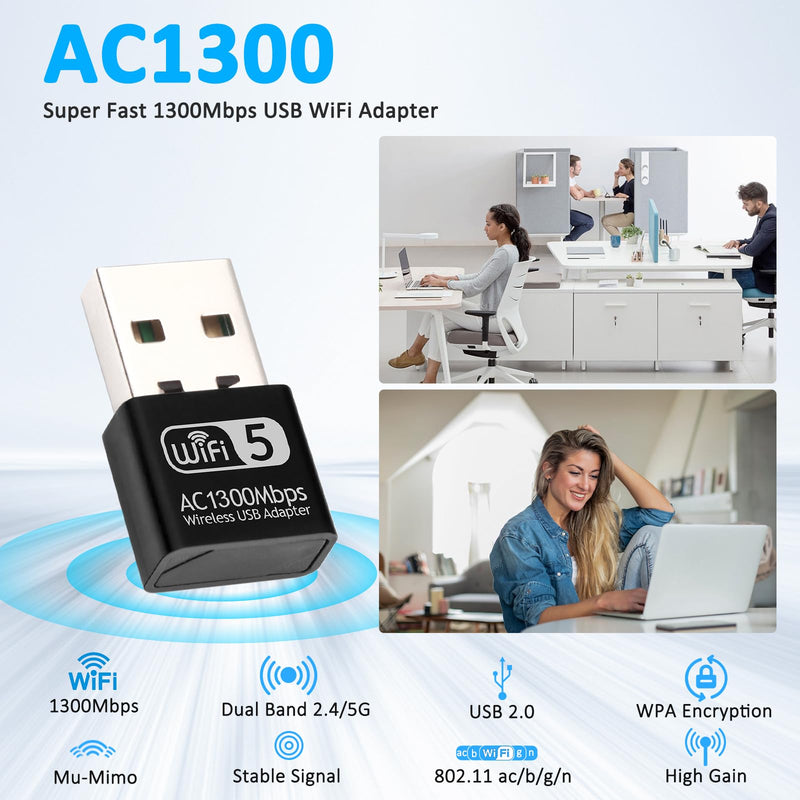 Wodgreat 1300Mbps USB WiFi Adapter for PC-Tiny Size Wireless Network Adapter for Desktop with Dual Band 2.4GHz, 5GHz, MU-MIMO, WiFi Dongle Supports Win11/10/8.1/8/7/XP, Mac OS 10.9-10.15