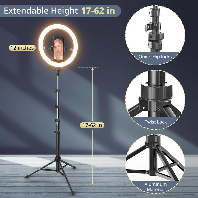 UBeesize 12” Selfie Ring Light with 62” Extendable Tripod Stand & Remote, LED Circle Light with Phone Holder for Video Recording/Makeup/Content Creator (YouTube/TikTok/Twitch), Phone, Camera & Webcam Black 12"