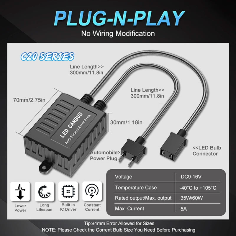 SOCAL-LED 2x C20 HB5 9007 LED Decoder Strong Canbus Error Code Warning Canceller Anti Flicker Relay Adapter