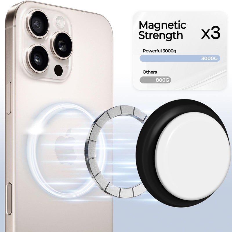 Magnetic Silicone Black White Phone Grip with Metal Ring, Expanding Collapsible Kickstand for MagSafe for iPhone 17/16/15/14/13/12, Tablets & E-Readers