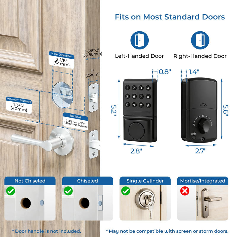 Matte Black Smart Keypad Deadbolt Keyless Entry Front Door Lock, Customizable User Codes & Auto-Lock, Easy Install (Includes 2 Backup Keys)