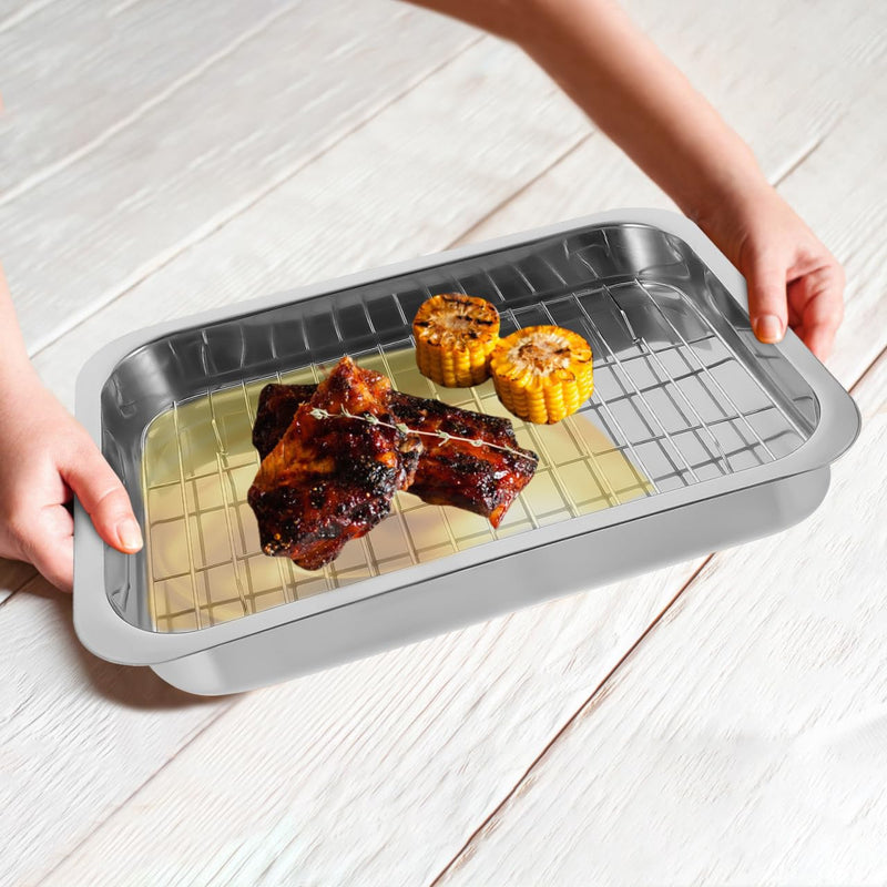 Cabilock Stainless Steel Baking Tray with Rack Rectangular Roasting Pan and Oven Tray Set for Baking Roasting Lasagna Chicken Turkey 14.17 X 10.23 X 2.36 in 36x26x6cm