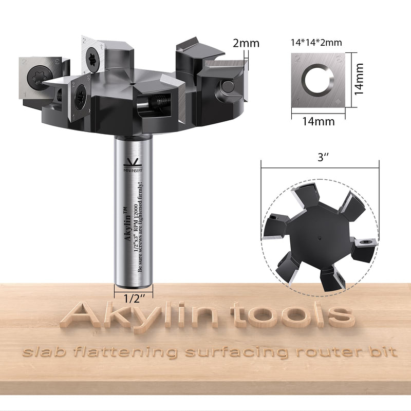 CNC Slab Flattening Router Bit 1/2 Shank,3" Cutting Dia.Heavy Duty Surfacing Router Bits-6 Wings Milling Cutter, Carbide Insert Planer Bit for Wood Spoilboard Planing,Bottom Cleaning 3"d*6 Wings