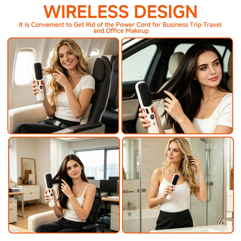 5-in-1 Cordless Hair Straightener Brush, Go Brush Pro USB Rechargeable Hot Brush, 4 Heat Settings Hair Styling Brush with Negative Ion, Portable Heated Brush for Travel & Everyday Use