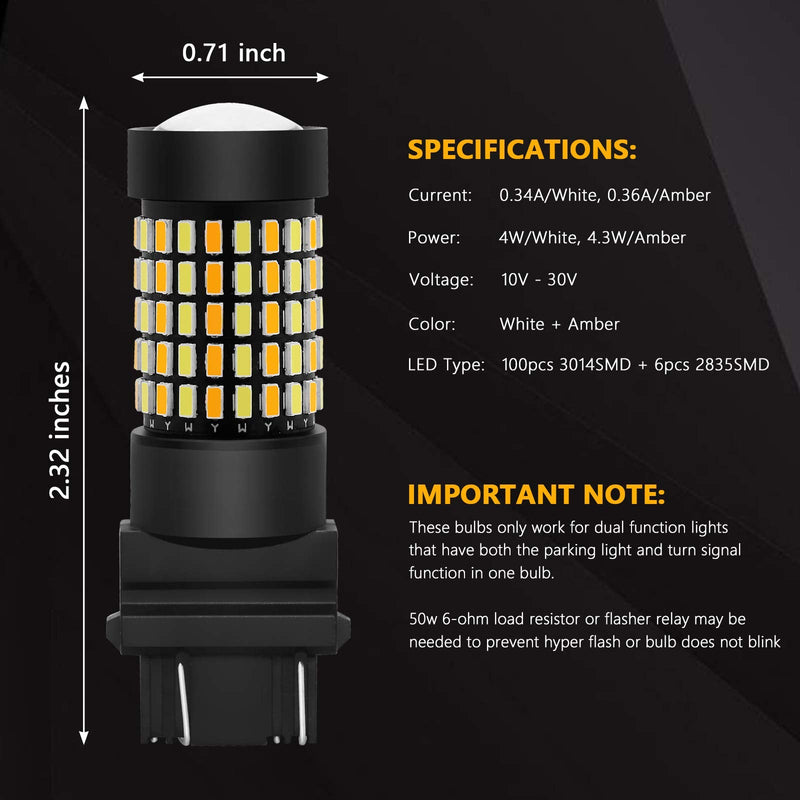 PHINLION Super Bright White Amber Dual Color Switchback 3157 3155 3057 3457 4157 LED Bulbs with Projector for Car Front Turn Signal Parking Lights, Pack of 2