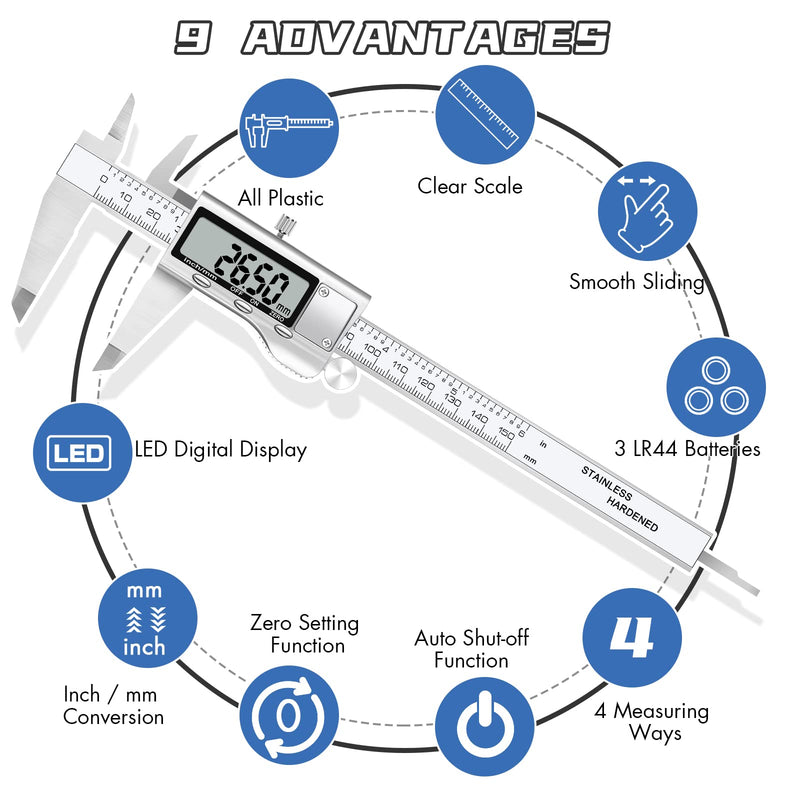 Digital Caliper Measuring Tool, Stainless Steel Vernier Caliper Digital Micrometer with Large LCD Screen, Easy Switch from Inch Metric Fraction, 6 Inch/150mm Caliper Tool for DIY/Household A003