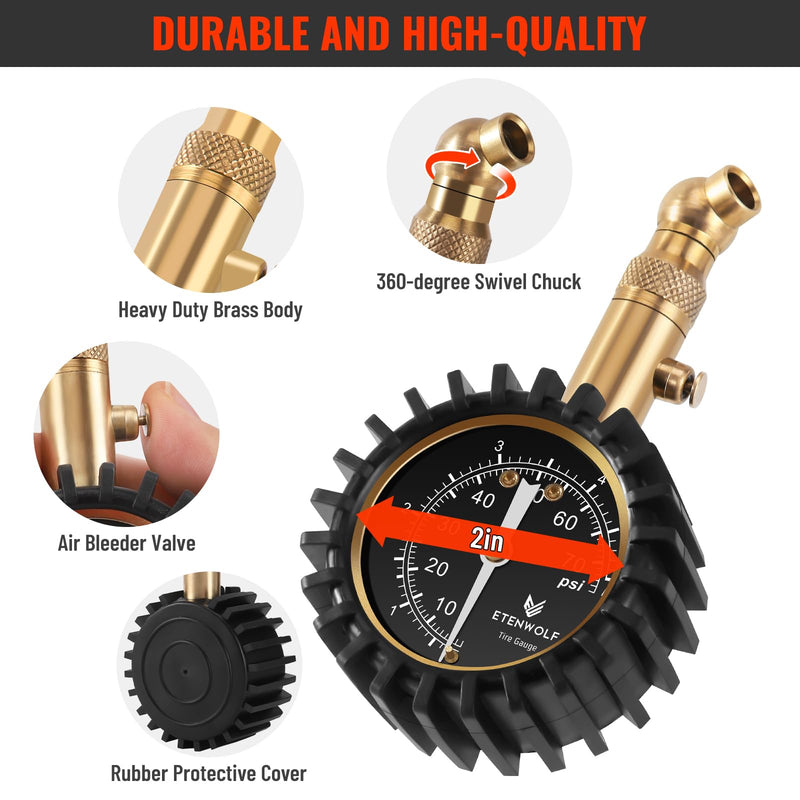 ETENWOLF Tire Pressure Gauge for Cars 0-75 PSI, Air Pressure Gauge with Large Glow Dial, Calibrated to ANSI B40.1 Grade A(Plus-Minus 1%), Tire Gauge for Tire Pressure Car Accessories (Black) Black